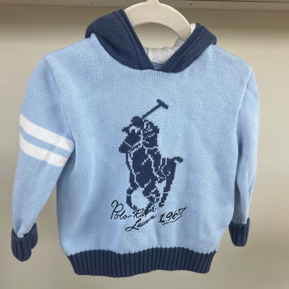 Ralph Lauren Other - Ralph Lauren Light Blue Knit Hoodie with Navy Polo Logo - Toddler Boy 24 Months